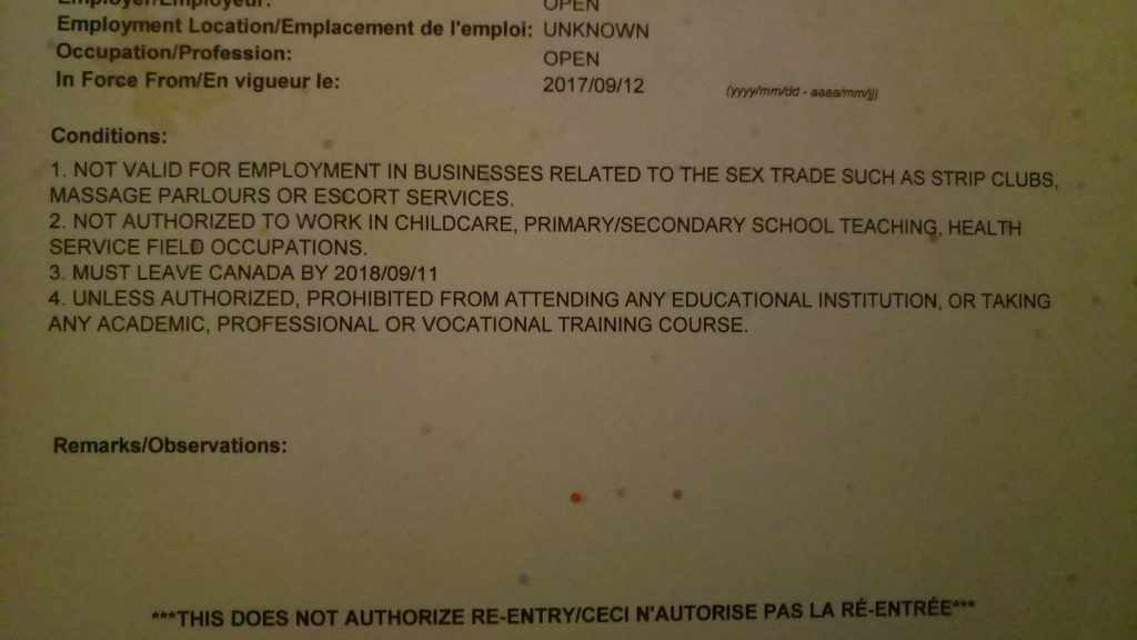 Not valid for employment in businesses related to sex trade such as strip clubs, massage parlours or escort services.