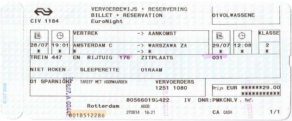 Dutch-issues train ticket for a connection from Amsterdam Centraal to Warsaw.